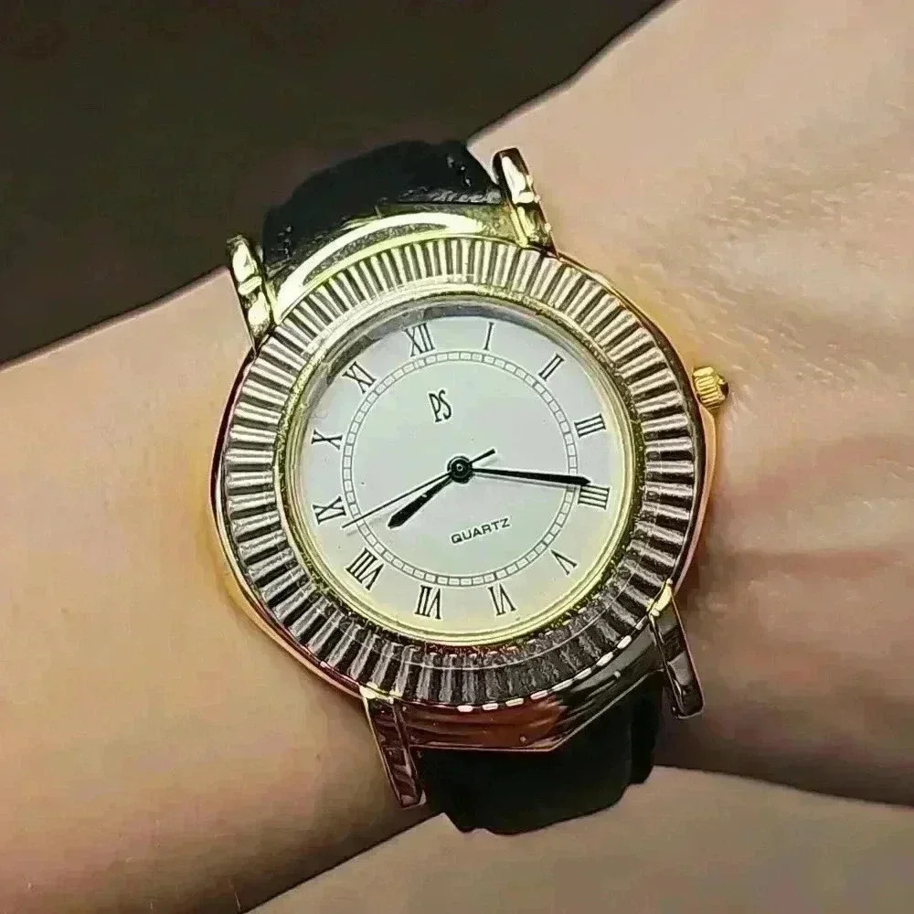 Paul Sebastian Black Leather Band Watch with Silver and Gold Toned Bezel